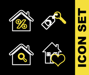 Set line House with key, heart shape, Search house and percant icon. Vector