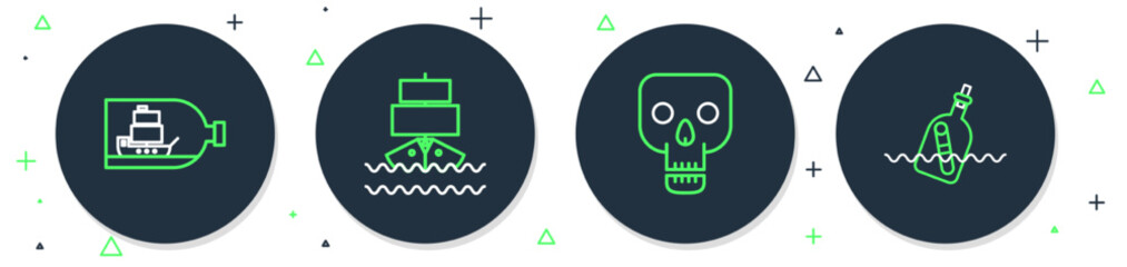 Set line Ship, Skull, Bottle with ship inside and message water icon. Vector