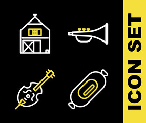 Set line Musical instrument trumpet, Salami sausage, Violin and Farm House icon. Vector