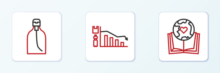 Set line Earth globe and book, Bottle of liquid soap and Ecology infographic icon. Vector