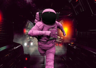 Naklejka premium astronaut is running on the corridor in sci-fi spaceship background close up view