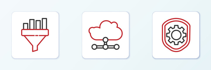 Set line Shield with settings gear, Sales funnel chart and Network cloud connection icon. Vector