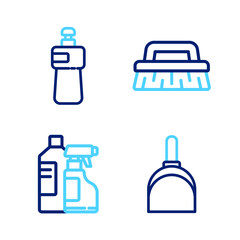 Set line Dustpan, Bottles for cleaning agent, Brush and Dishwashing liquid bottle icon. Vector
