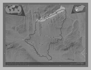 Somogy, Hungary. Grayscale. Labelled points of cities