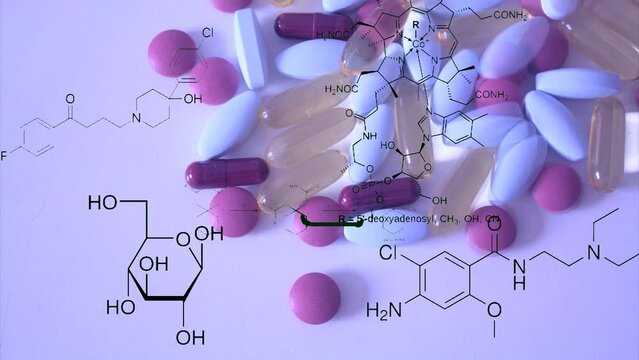pills and capsules appear with chemical structures from pharmaceutilcas, vitamins and other compounds in an overlay