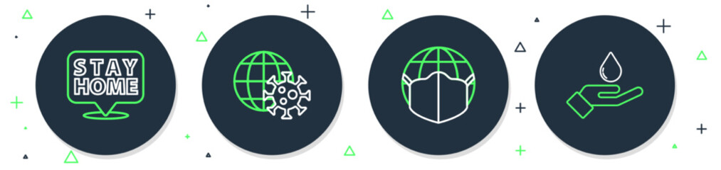 Set line Earth globe with virus, medical mask, Stay home and Washing hands soap icon. Vector