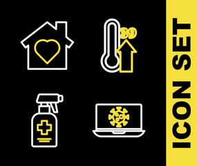 Set line High human body temperature, Virus statistics on laptop, Liquid antibacterial soap and House with heart inside icon. Vector