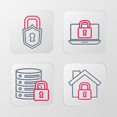 Set line House under protection, Server security with lock, Laptop and and Lock icon. Vector