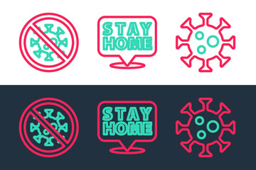 Set line Virus, Stop virus and Stay home icon. Vector