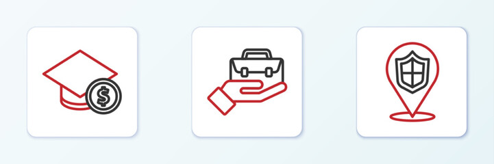 Set line Location shield, Graduation cap and coin and Hand holding briefcase icon. Vector