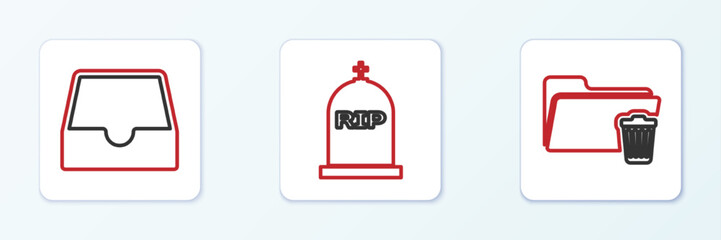 Set line Delete folder, Social media inbox and Tombstone with RIP written icon. Vector
