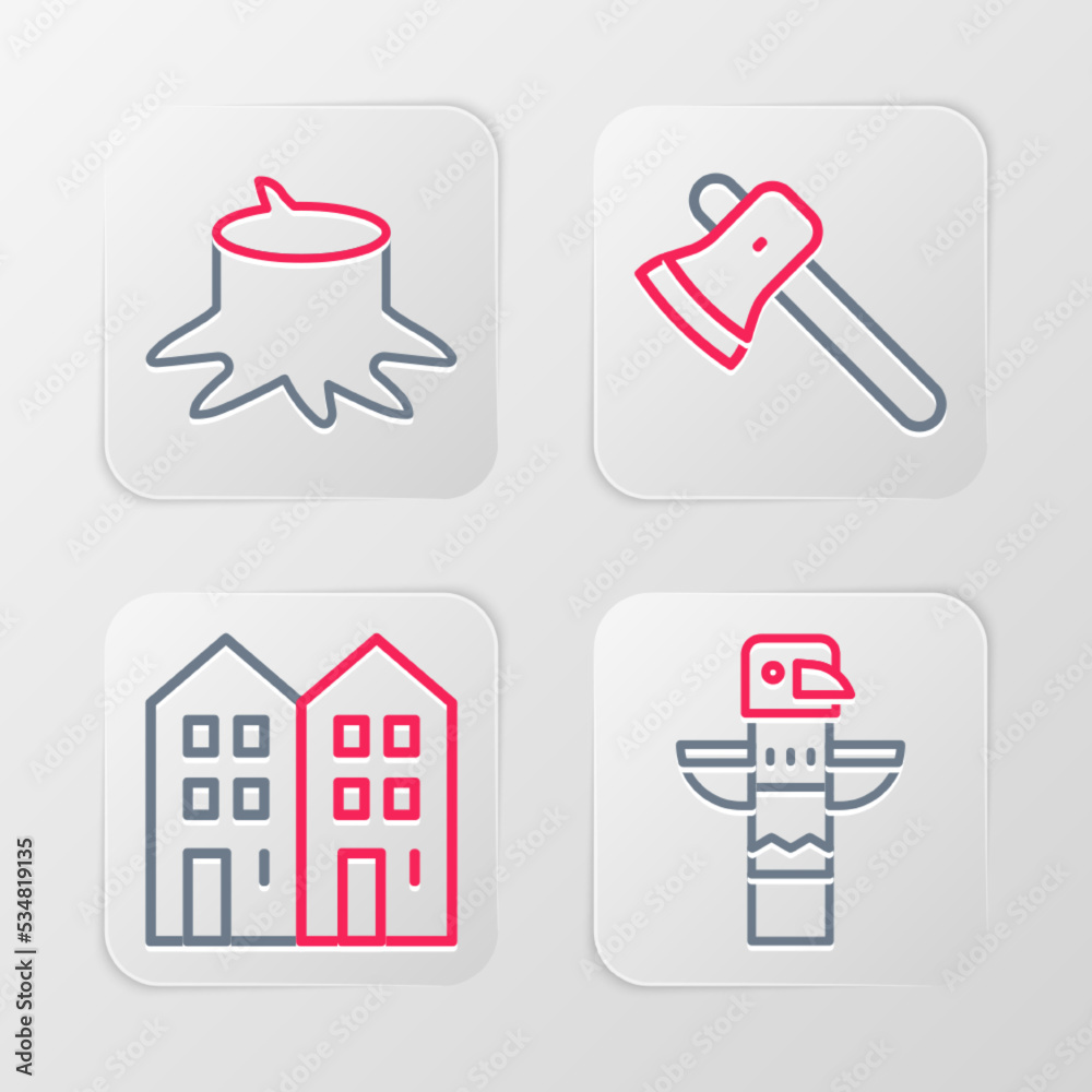 Poster set line canadian totem pole, house, wooden axe and tree stump icon. vector