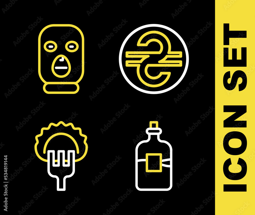 Sticker Set line Ukrainian hryvnia, Bottle of vodka, Dumplings on fork and Thief mask icon. Vector