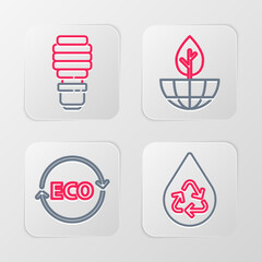 Set line Recycle clean aqua, Label for eco healthy food, Earth globe and plant and LED light bulb icon. Vector