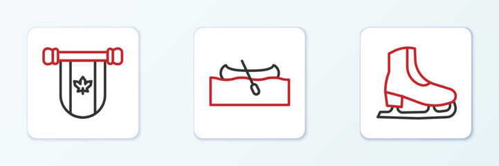 Set line Skates, Pennant Canada and Kayak or canoe icon. Vector