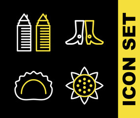 Set line Ukrainian footwear, Sunflower, Dumplings and Two towers Dnipro icon. Vector