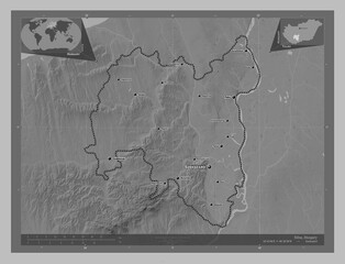 Tolna, Hungary. Grayscale. Labelled points of cities