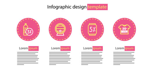 Set line Beer can, T-shirt, Wooden barrel on rack and bottle icon. Vector