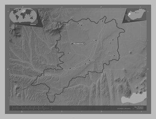 Vas, Hungary. Grayscale. Labelled points of cities