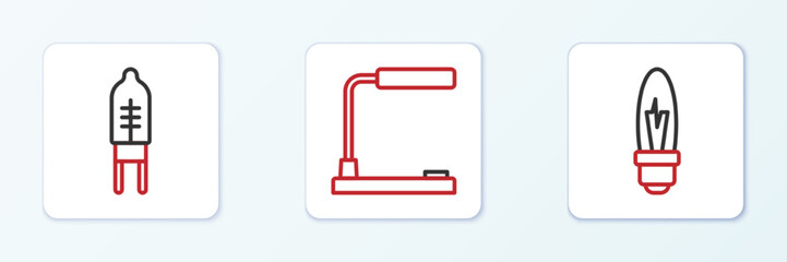 Obraz premium Set line Light bulb, emitting diode and Table lamp icon. Vector