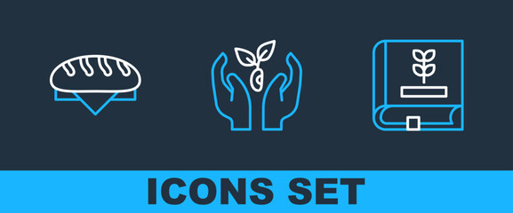 Set line Book about seeds, Bread loaf and Plant in hand icon. Vector