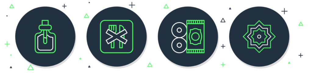 Set line Ramadan fasting, Traditional carpet, Perfume and Octagonal star icon. Vector