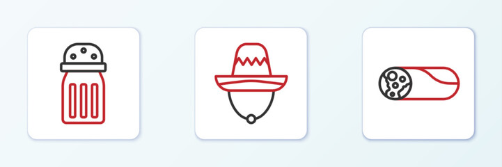 Set line Burrito, Salt and Mexican sombrero icon. Vector