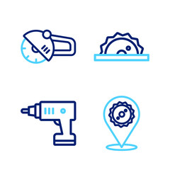 Set line Circular saw blade, Electric cordless screwdriver, circular and Angle grinder icon. Vector