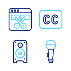 Set line Microphone, Stereo speaker, Subtitles and Video recorder or editor icon. Vector