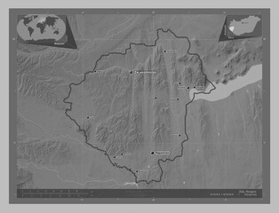 Zala, Hungary. Grayscale. Labelled points of cities