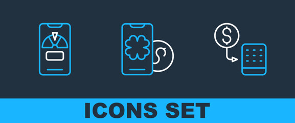 Set line Casino chips exchange, Lucky wheel on phone and Online poker table game icon. Vector