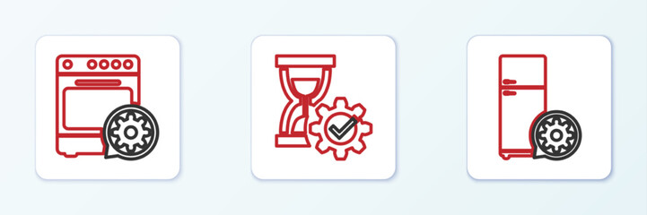 Set line Refrigerator setting, Oven and Hourglass icon. Vector
