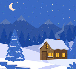 Obraz na płótnie Canvas Cabin On Winter Landscape With Mountains At The Night Vector Illustration In Flat Style