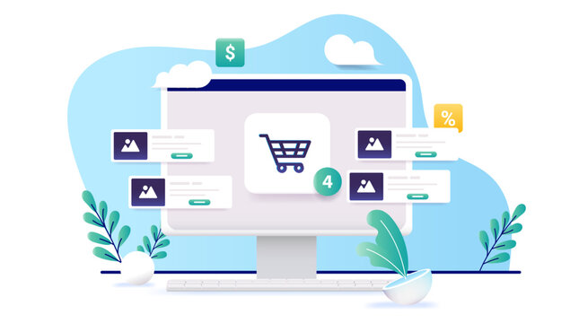 Online shop - Web shopping basket on computer screen. Vector illustration with white background