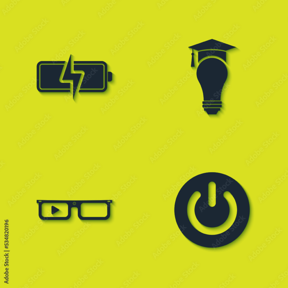 Sticker Set Battery, Power button, Smart glasses and Light bulb and graduation cap icon. Vector