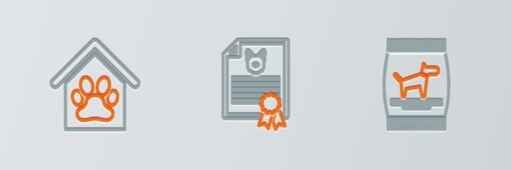 Set line Bag of food for dog, Dog house and paw print pet and Certificate cat icon. Vector