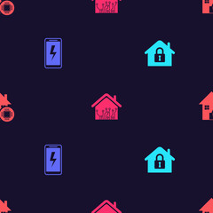 Set House under protection, Mobile charging battery, Smart home and on seamless pattern. Vector