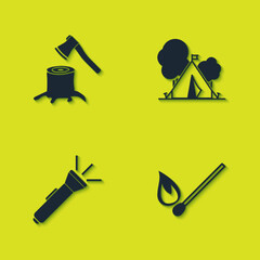 Set Wooden axe in stump, Burning match with fire, Flashlight and Tourist tent flag icon. Vector