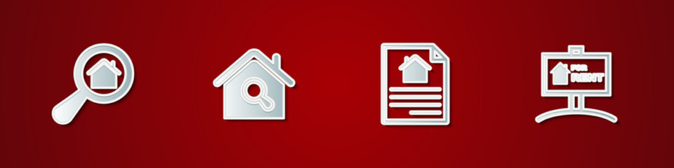 Set Search house, , House contract and Hanging sign with For Rent icon. Vector