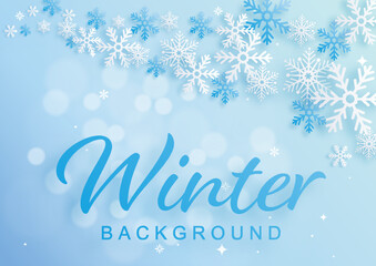 Fototapeta na wymiar Snowflakes design for winter with snowflakes paper cut style on color background