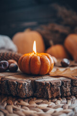 Burning candle in the shape of a pumpkin, autumn aesthetic mood