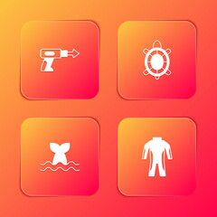Set Fishing harpoon, Turtle, Whale tail and Wetsuit for scuba diving icon. Vector