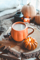 A cup of cocoa and a burning candle and autumn decor on the windowsill