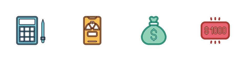 Set Bingo card, Lucky wheel on phone, Money bag and prize casino icon. Vector