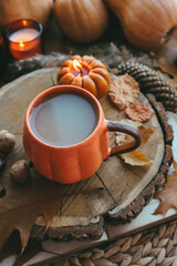 A cup of cocoa and a burning candle and autumn decor on the windowsill