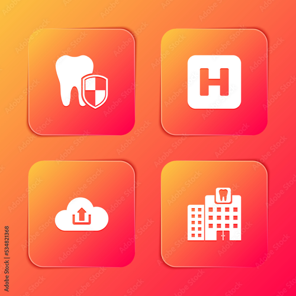 Sticker Set Dental protection, Hospital, Cloud upload and clinic icon. Vector