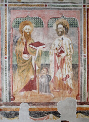 San Giacomo Maggiore e San Bartolomeo.  Affresco nella chiesetta dei Santi Ippolito e Cassiano a Castel Tesino (Trentino)