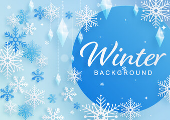 Fototapeta na wymiar Snowflakes design for winter with snowflakes paper cut style on color background