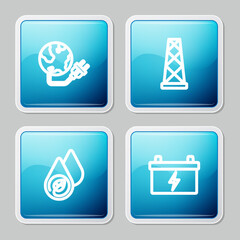 Set line Global energy power planet, Antenna, Water and Car battery icon. Vector