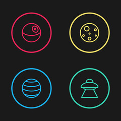 Set line Planet, UFO flying spaceship, Mars and icon. Vector